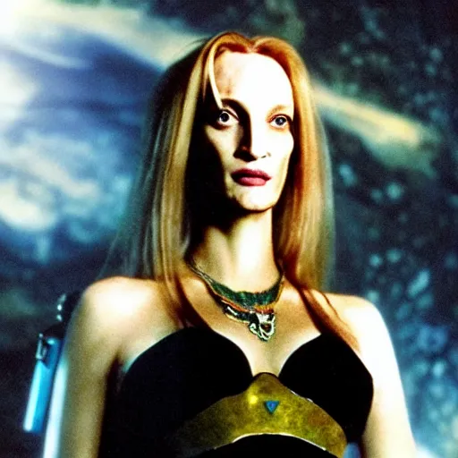 Prompt: promotional beautiful realistic portrait of <Uma Thurman circa 1993> as <Topanga Lawrence the Space Priestess> in the new movie directed by <Tetsuya Nomura>, <heavily armored and brandishing sci-fi blaster>, <perfect face>, movie still frame, promotional image, imax 70 mm footage