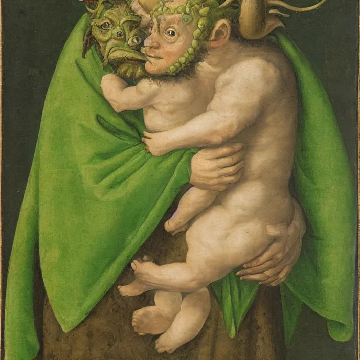 Prompt: a green - horned goblin holding a child, early netherlandish painting,