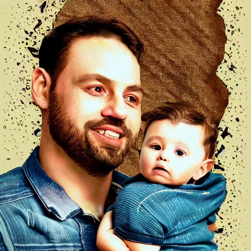 Prompt: hyperdetailed beautiful artistic digital paper collage of a father with a baby. interesting textures in vibrant tones. maximalist illustration in the style of a mixed media collage. half-lenght. matte background. well done. HD 8x