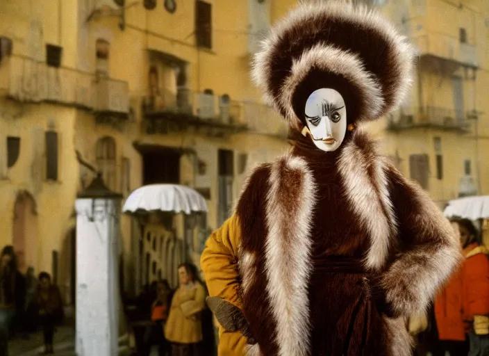 Prompt: 1 9 7 9 a italian movie still a set ordinary people wearing white cotton fur costumes with wooden detailed masks of birds in dark warm light, a character portrait by nadya rusheva, featured on cg society, neo - fauvism, movie still, 8 k, fauvism, cinestill, bokeh, gelios lens