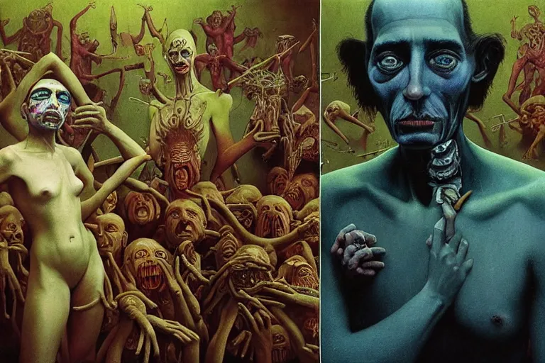 Image similar to 35mm color, humans enslaved, fascist police, portrait, fashion shoot, freak show, weird, random, strange, hyperdetailed, photorealistic, interesting, by David la chapelle and karol bak and david cronenberg and WETA digital, art by Zdzisław Beksiński, Ivan Bilibin, Dariusz Zawadzki , ID magazine, octane rendering, cinematic, hyperrealism, octane rendering, 8k, depth of field, bokeh.