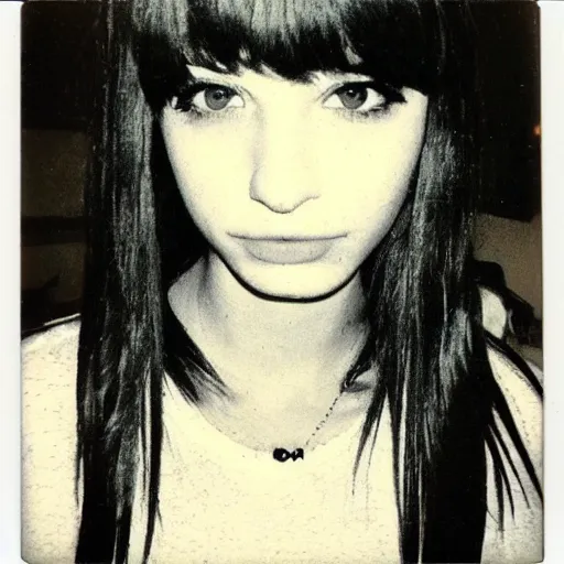 Image similar to polaroid photograph of emo girl, long hair and bangs