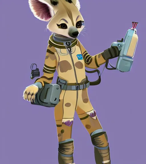 Image similar to full body digital artwork of furry female hyena, in style of zootopia, fursona, furry, furaffinity, deviantart, wearing astronaut outfit, floating in space, cyberpunk, detailed face, style of artgerm,