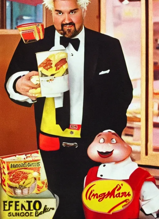 Prompt: vintage mcdonald's commercial depicting guy fieri wearing a tuxedo, by saul leiter