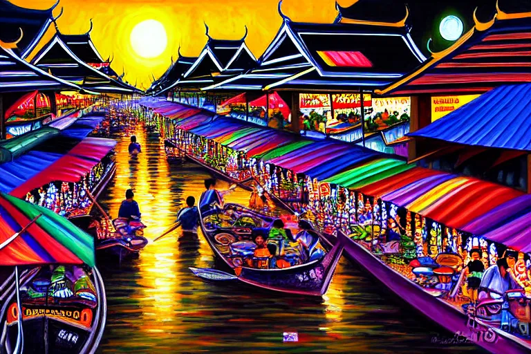 Image similar to detailed painting of Thai river night market, Bangkok, gothic style, deep strokes, high quality