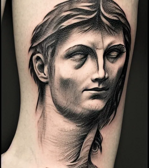 Prompt: tattoo design sketch of the head of michelangelo's david broken in the middle, in the style of den yakovlev, realistic face, black and white, realism tattoo, hyper realistic, highly detailed