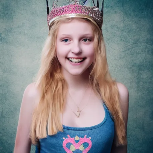 Prompt: photograph of teenage blonde girl with big chest wearing a princess crown and tank top