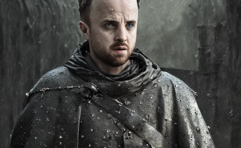 Prompt: jesse pinkman in game of thrones, medieval, long shot, close up, gloomy and foggy atmosphere, octane render, rembrandt, cgsociety, artstation trending, highly detailed