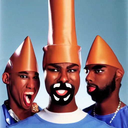 Image similar to conehead mr. t pop band, detailed facial expressions, 1 9 8 0 s aesthetic