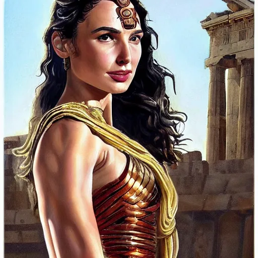 Image similar to Full body oil painting of the beautiful woman Gal Gadot, she is wearing some withe ancient roman cloths and a surreal ornate, her hair is natural disheveled, she is approaching heaven, she is in the Parthenon in Athens while people are claiming for her, she is attracting lightnings, naturalism, dramatic lighting, high-detailed oil painting by Ilya Repin, Michelangelo da Caravaggio, William Blake, Alex Grey and Beksinski, trending on Artsatio, hystorical painting, masterpiece, 4k, 8k,