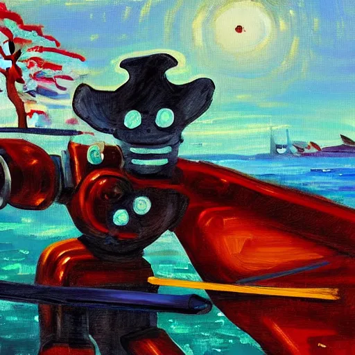 Prompt: a robot pirate, the robot is captain of a ship, on the bow, with a pirate hat and a sword in his hand. impressionist painting, landscape, thin strokes