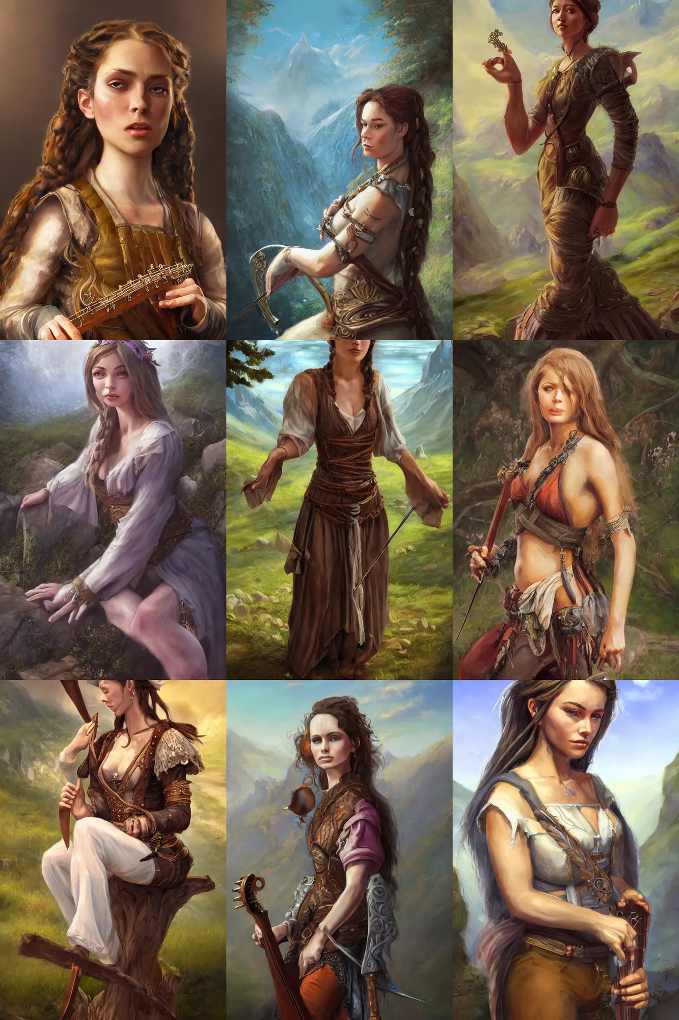 Prompt: a full body high detail fantasy portrait oil painting illustration of a single beautiful sitting bard woman by justin sweet with face and body clearly visible, in a scenic background, pretty eyes, realistic proportions, d & d, rpg, forgotten realms, artstation trending, high quality, sombre mood, artstation trending, muted colours, entire person visible!