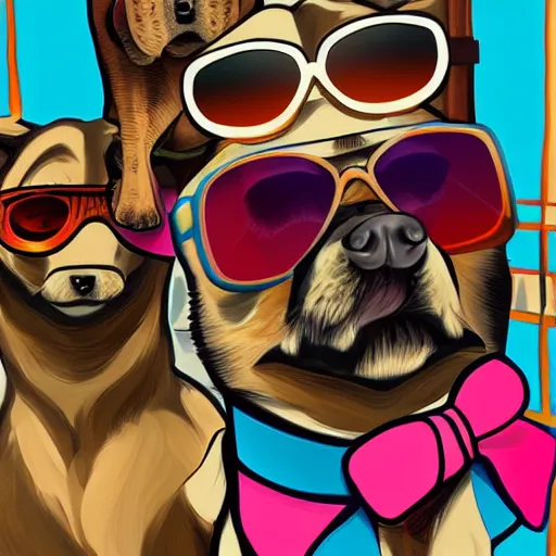 Prompt: gangster dogs with sunglasses, digital art, ghimbi style art