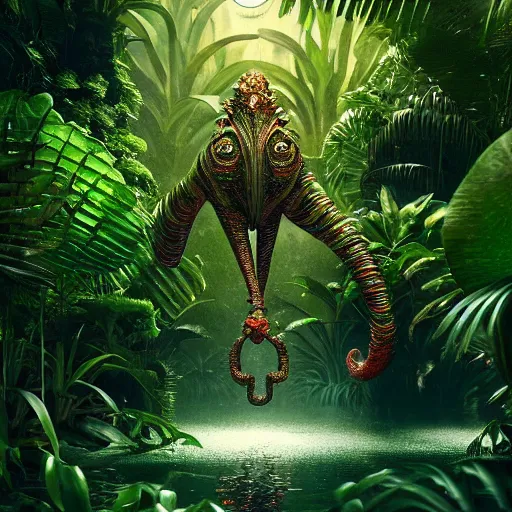 Image similar to creature in a lush tropical vegetation, water reflection, night, backlit : : by michal karcz, daniel merriam, victo ngai and guillermo del toro : : ornate, dynamic, particulate, intricate, elegant, highly detailed, centered, artstation, smooth, sharp focus, octane render, 3 d