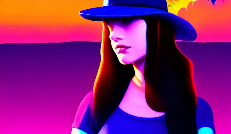 Image similar to a beautiful and immaculate young teenager girl with fedora hat. synthwave. outrun style. trending on artstation. recommended for you behance. by chris moore. by edward hopper. metropolis filmic. gotham city.