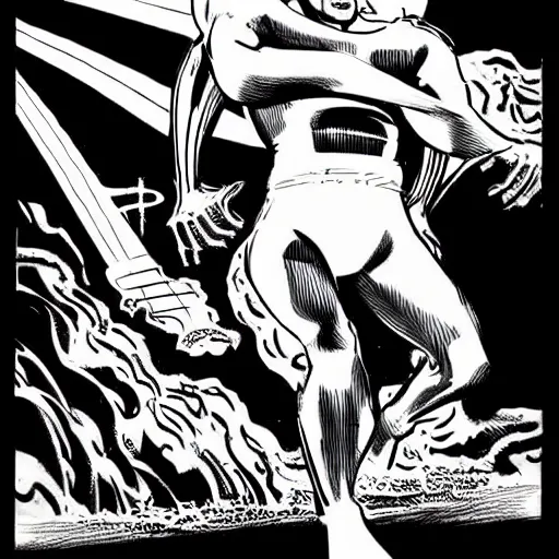 Image similar to kirby krackle emanating from marvel sliver surfer body, by jack kirby, inked by joe sinnott, wally wood, black and white only, asymmetrical, organic ink drawing