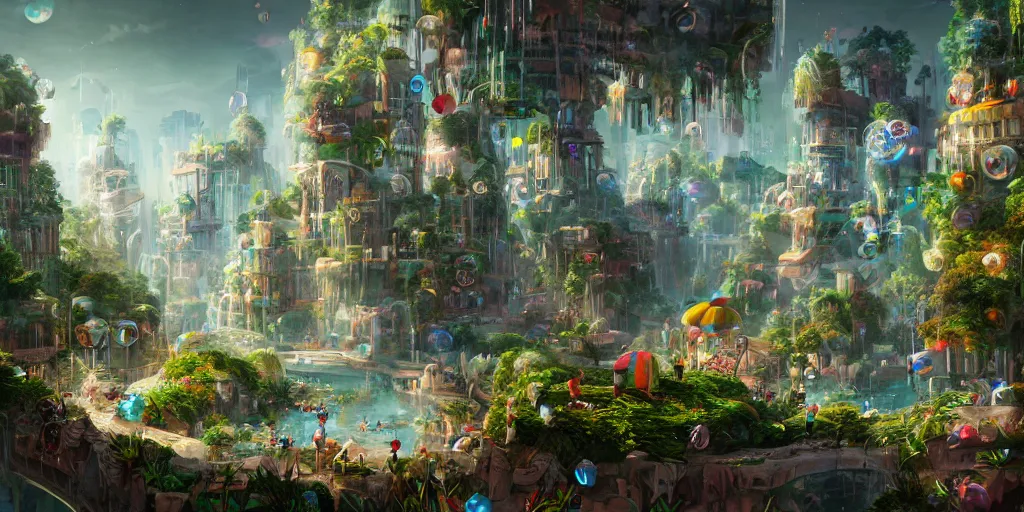 Prompt: a utopian city, filled with fauna, with bubbles floating around everywhere, building cover with plant, dynamic lighting, fantasy concept art, trending on art station, stunning visuals, creative, cinematic, ultra detailed