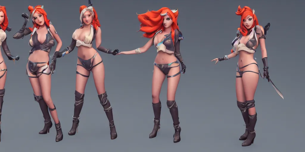 Image similar to Character sheet of pool party miss fortune (League of Legends). 3d unreal engine 5 trending on artstation