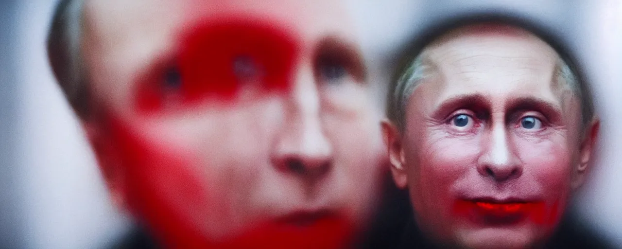 Image similar to in the style of gottfried helnwein. a smiling vladimir putin in red light. from above. shallow focus. wide angle