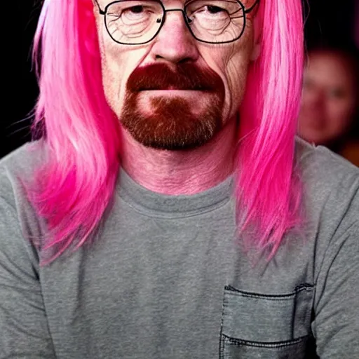 Image similar to walter white wearing a pink hair wig