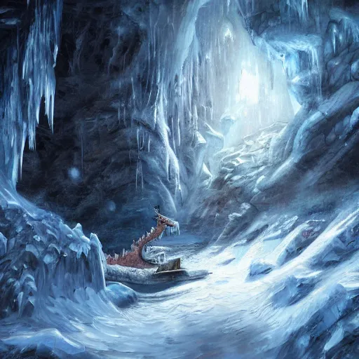 Image similar to A highly detailed oil painting in the style of Greg Rutkowski and Afremov of a very deep, very very dark cave with a huge frozen lake in the middle of it and an Ancient Ice dragon sleeping near a very big treasure pile, in the middle of a blizzard.