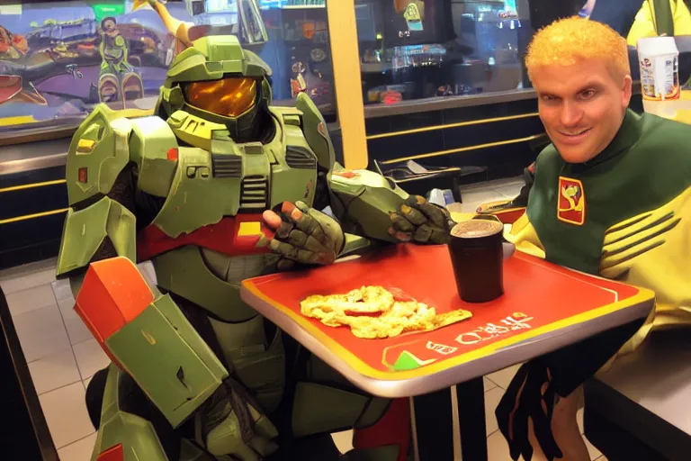 Prompt: master chief in mcdonalds