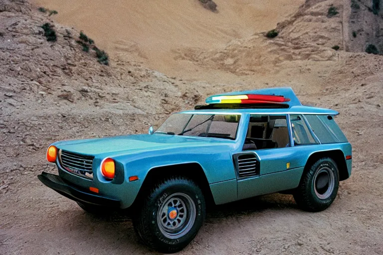 Image similar to designed by giorgetto giugiaro a single 1 9 6 7 dakar prepped land cruiser testarossa, neon lights, ektachrome photograph, volumetric lighting, race footage, speed