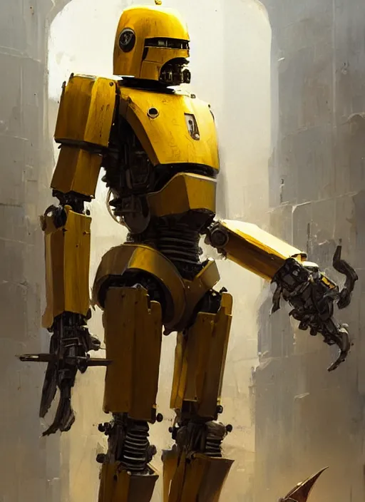 Image similar to human-sized strong intricate yellow pit droid carrying paladin medieval longsword!!!, pancake short large head painterly humanoid mecha, by Greg Rutkowski