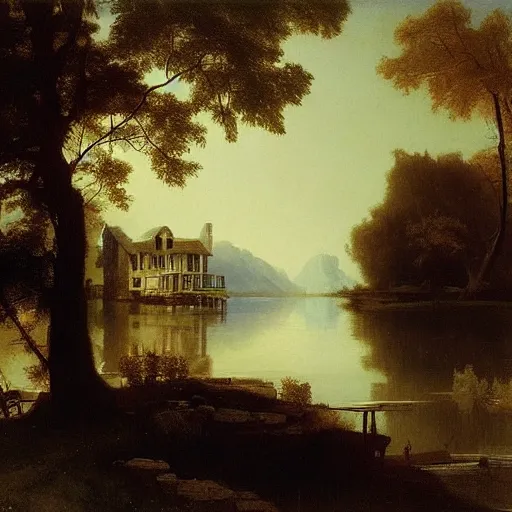 Prompt: a house on the lake, by raphael lacoste and albert bierstadt