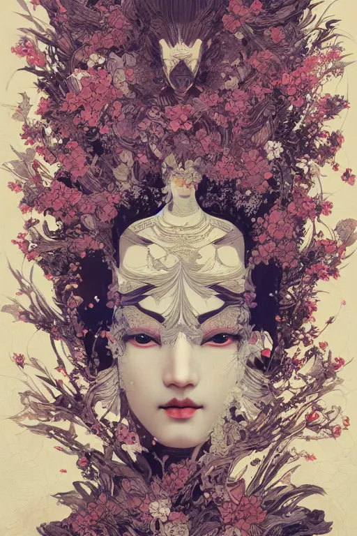 Image similar to portrait breathtaking detailed concept art painting art deco pattern of birds goddesses amalmation flowers head thibetan temple, by hsiao ron cheng, tetsuya ichida, bizarre compositions, yoji shinkawa, exquisite detail, extremely moody lighting, 8 k, art nouveau, old chines painting, art nouveau