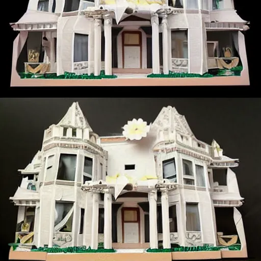 Image similar to a beautiful detailed mansion in the style of papercraft, origami,