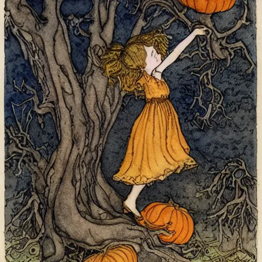 Image similar to a detailed, intricate watercolor and ink illustration with fine lines, of a young girl in a dress climbing a gnarled tree in a pumpkin patch, by arthur rackham and edmund dulac