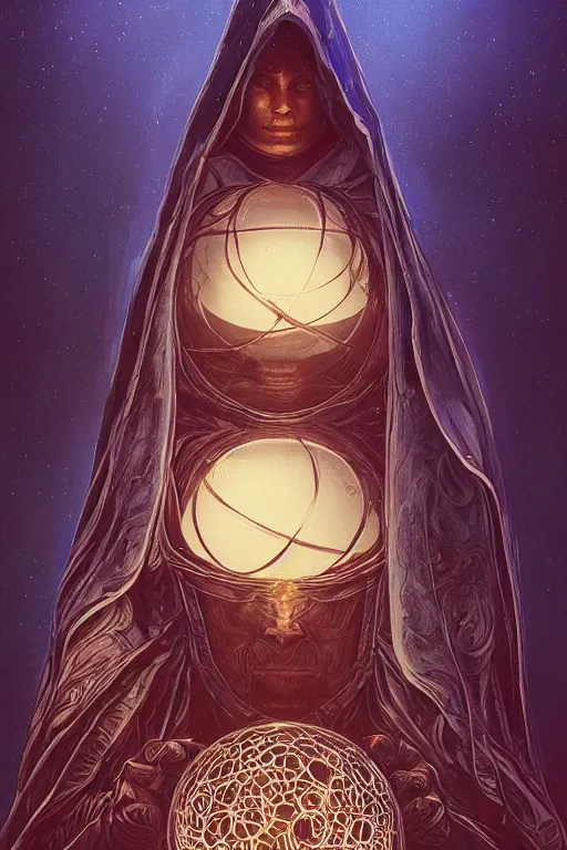 Image similar to wizard in a hooded cloak gazing into a crystal ball, high details, intricately detailed, by vincent di fate, artgerm julie bell beeple, inking, screen print