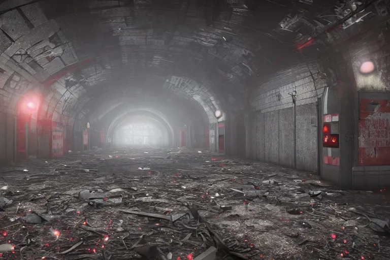 Prompt: ruined, abandoned, underground metro station. Pitch black darkness, red flares on the ground is the only light source. Smoke. Dirt and debris on ground. Unreal Engine. Substance painter. Zbrush. Trending on artstation. 8K. Horror. Resident evil. Highly detailed.