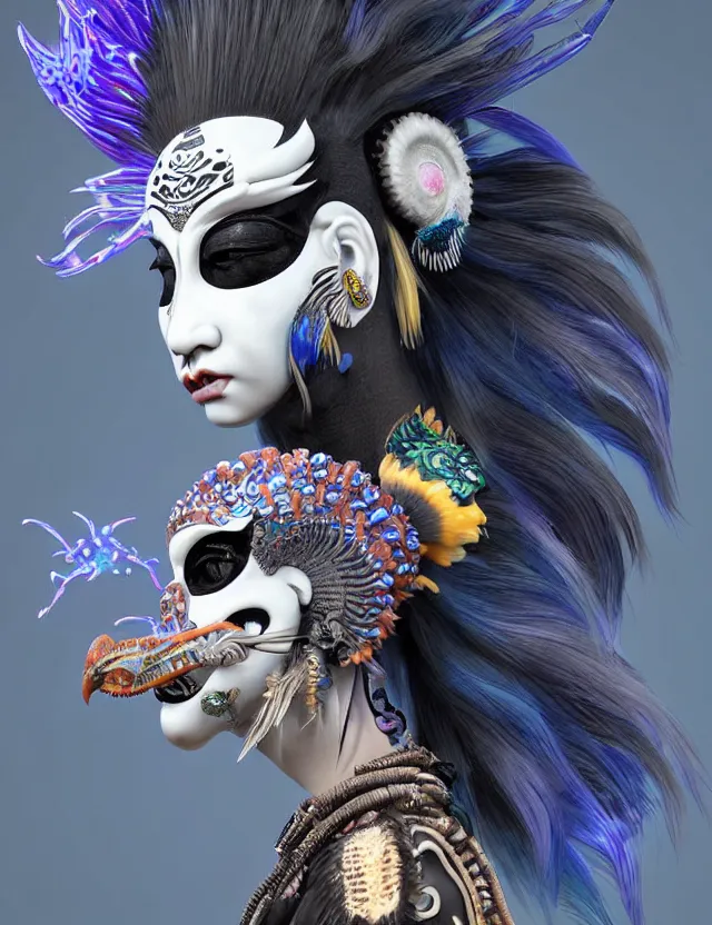 Image similar to 3 d photo realistic goddess close - up profile portrait punk with mohawk with ram skull. beautiful intricately detailed japanese crow kitsune mask and clasical japanese kimono. betta fish, jellyfish phoenix, bio luminescent, plasma, ice, water, wind, creature, artwork by tooth wu and wlop and beeple and greg rutkowski