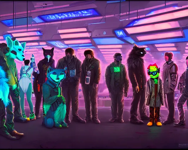 Image similar to high - resolution photograph from a cyberpunk era furry fandom convention ( midwest furfest 2 0 4 7 ), taking place after the genetic revolution and quantum singularity. photorealistic.