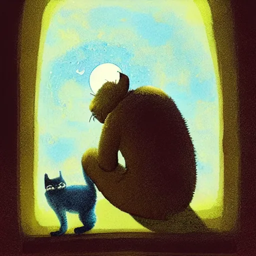 Image similar to A boy with his cat sitting in a window praying at the moon, concept art by Marc Simonetti and illustration by Maurice Sendak