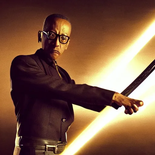 Prompt: Gus Fring holding a daedric katana in a battle stance dramatic photograph