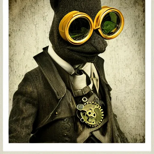 Prompt: steampunk kermit with goggles, portrait