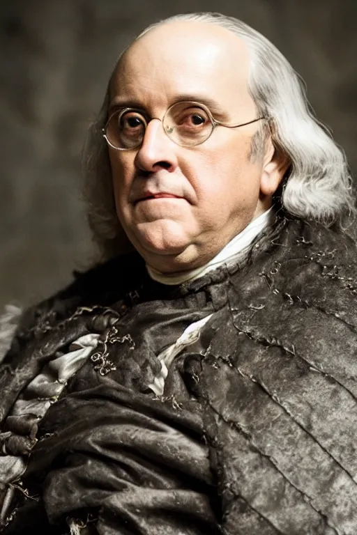 Image similar to benjamin franklin in game of thrones. dslr, 5 0 mm, f / 2. 8, studio lighting