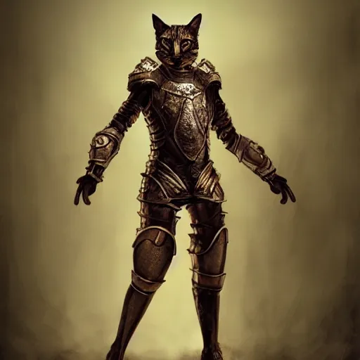 Prompt: Humanoid cat with medieval armor standing on two legs, fantasy, trending on artstation, realistic, digital art