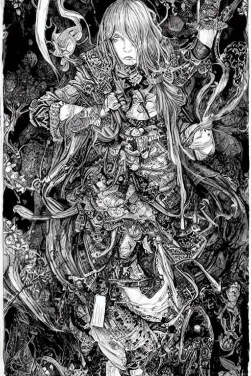Image similar to Angry Alice in wonderland tarot card , pen and ink, intricate line drawings, by Yoshitaka Amano, Ruan Jia, Kentaro Miura, Artgerm, watercolor