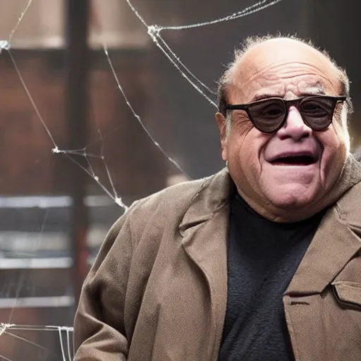 Prompt: still of danny deVito as spider man