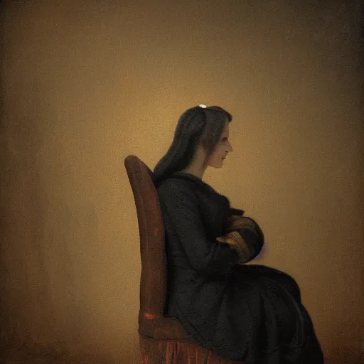 Image similar to a woman sitting on a chair inside of a dark, foreboding room, a dark figure ’ s face is depicted behind, 1 7 0 0 s oil painting in a trypophobia style, dark art, vignette, bloom effect, cgsociety, artstation, 4 k, 8 k