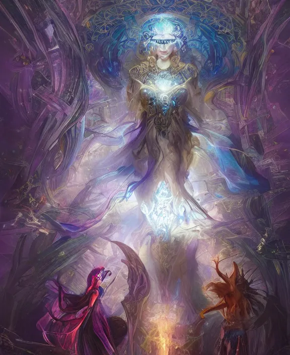 Image similar to a whirlwind of souls rushing inside the metaverse, half body, glowin eyes, tiara with sapphire, pharaoh, android, cyberpunk, d & d, fantasy, intricate, elegant, highly detailed, colorful, vivid color, digital painting, artstation, concept art, art by artgerm and greg rutkowski and alphonse mucha and ruan jia