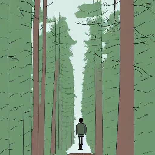 Prompt: boy in the woods by adrian tomine