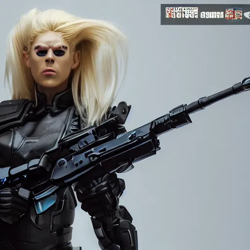 Image similar to close up of evil futuristic dystopian regime soldier, plasma gun, angry, blonde hair, human, female, concept design, contrast, hot toys, kim jung gi, greg rutkowski, zabrocki, karlkka, jayison devadas, trending on artstation, 8 k, ultra wide angle, pincushion lens effect, red and black color scheme