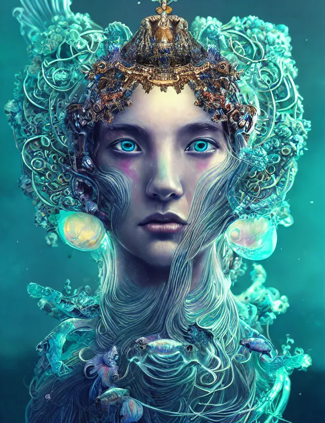 Image similar to goddess macro close - up portrait in crown made of ram skull. betta fish, jellyfish phoenix, bioluminiscent, plasma, ice, water, wind, creature, super intricate ornaments artwork by tooth wu and wlop and alena aenami and greg rutkowski