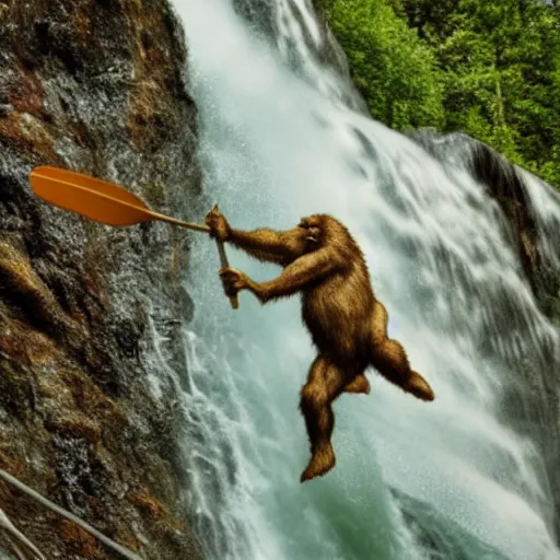 Prompt: a sasquatch in a canoe going over a waterfall