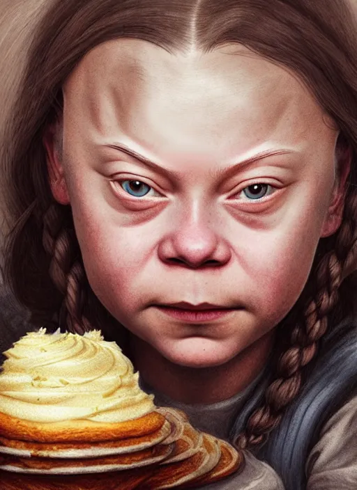 Image similar to portrait of greta thunberg as a medieval goblin eating cakes, beautiful face, hyper realistic, highly detailed, digital painting, artstation, illustration, concept art by hyung tae and frank frazetta, digital paint, matte paint, washed colors, dark, gloomy